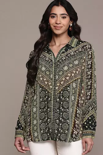 Black printed crepe shirt