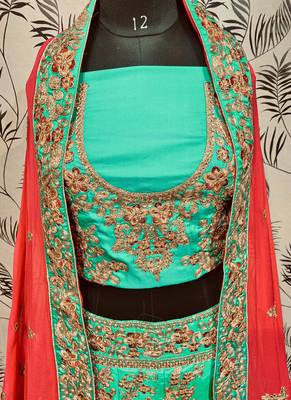 Pure Satin Silk Mehendi Sangeet Lehenga Green Color With Embroidery Work & Stone Work 2