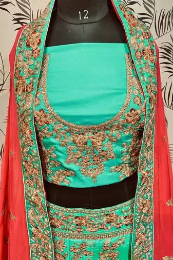 Pure Satin Silk Mehendi Sangeet Lehenga Green Color With Embroidery Work & Stone Work