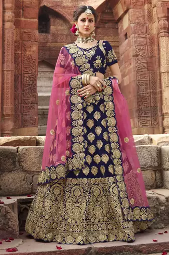 Pure Micro Velvet Wedding Lehenga In Blue With Embroidery & Stone Work