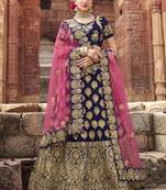 Pure Micro Velvet Wedding Lehenga In Blue With Embroidery & Stone Work