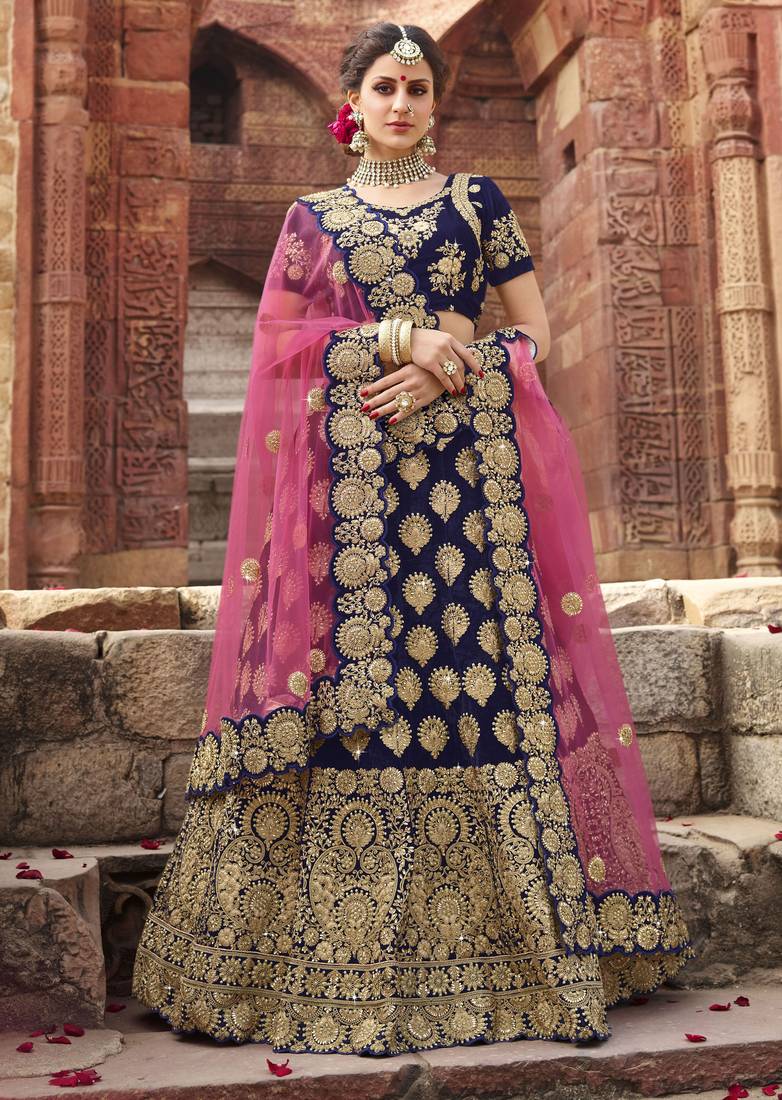Pure Micro Velvet Wedding Lehenga In Blue With Embroidery & Stone Work