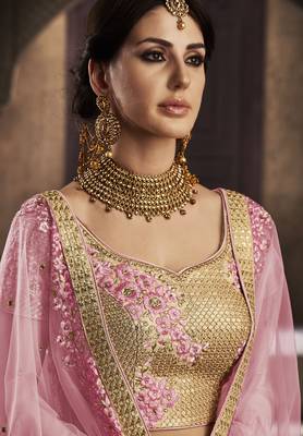 Soft Premium Net Wedding Lehenga In Golden With Embroidery & Stone Work 2