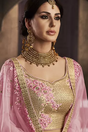 Soft Premium Net Wedding Lehenga In Golden With Embroidery & Stone Work