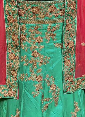 Pure Satin Silk Mehendi Sangeet Lehenga Green Color With Embroidery Work & Stone Work 3