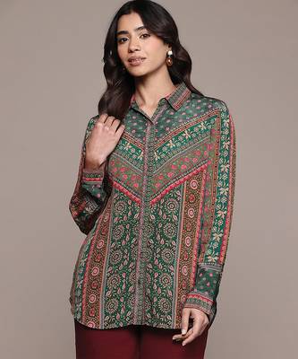 Teal printed crepe shirt 1