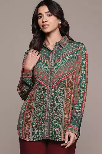 Teal printed crepe shirt