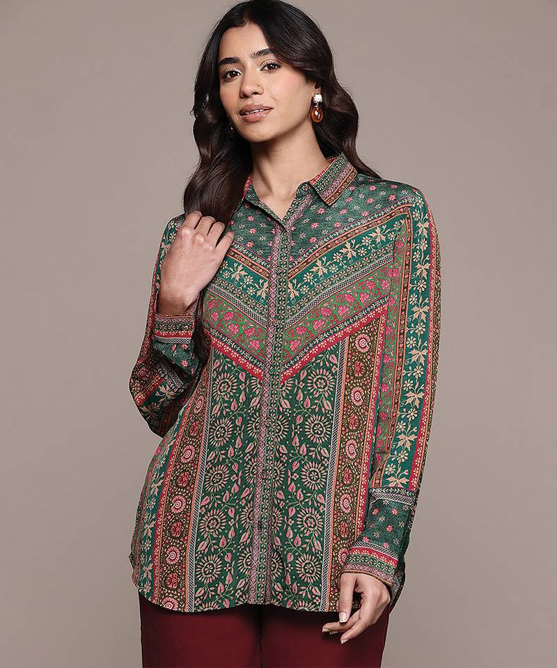 Teal printed crepe shirt