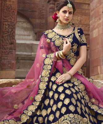 Pure Micro Velvet Wedding Lehenga In Blue With Embroidery & Stone Work 2