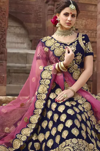 Pure Micro Velvet Wedding Lehenga In Blue With Embroidery & Stone Work