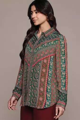 Teal printed crepe shirt