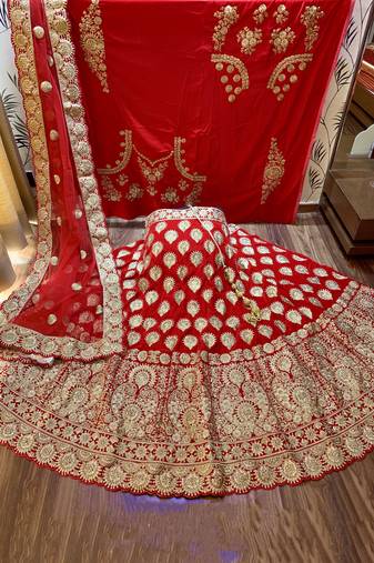 Pure Micro Velvet Wedding Lehenga In Red With Embroidery & Stone Work