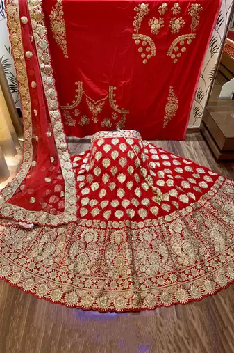 Pure Micro Velvet Wedding Lehenga In Red With Embroidery & Stone Work