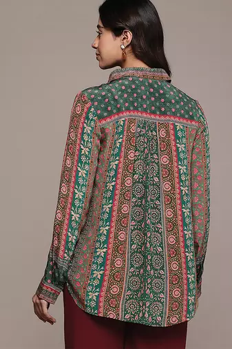 Teal printed crepe shirt