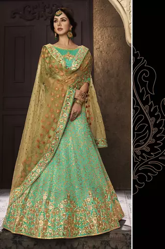 Pure Satin Silk Wedding Wear Lehenga In Green Color With Embroidery Work & Stone work