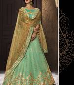 Pure Satin Silk Wedding Wear Lehenga In Green Color With Embroidery Work & Stone work
