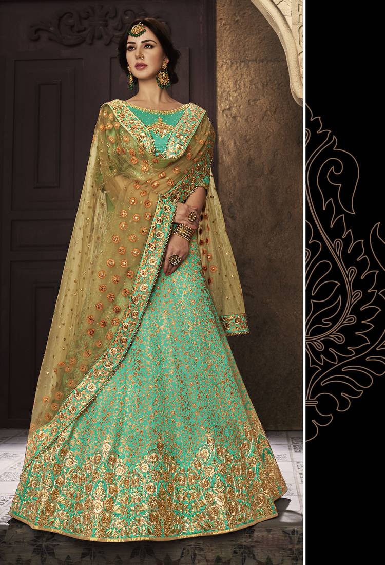 Pure Satin Silk Wedding Wear Lehenga In Green Color With Embroidery Work & Stone work