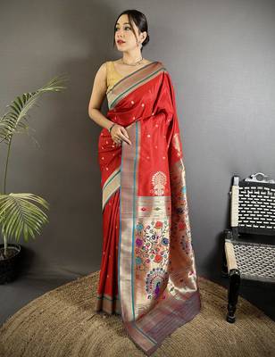 Women red peacock&floral motifs lichi silk blend saree 1