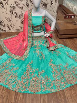 Pure Satin Silk Mehendi Sangeet Lehenga Green Color With Embroidery Work & Stone Work 4