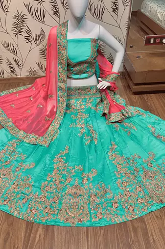Pure Satin Silk Mehendi Sangeet Lehenga Green Color With Embroidery Work & Stone Work