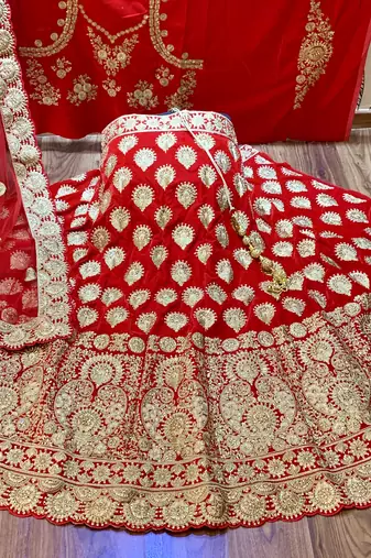 Pure Micro Velvet Wedding Lehenga In Red With Embroidery & Stone Work