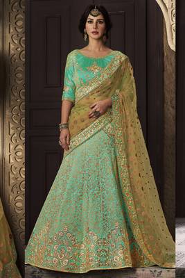 Pure Satin Silk Wedding Wear Lehenga In Green Color With Embroidery Work & Stone work 2