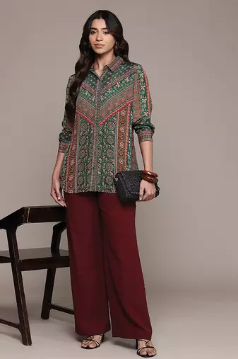 Teal printed crepe shirt