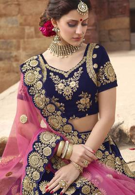 Pure Micro Velvet Wedding Lehenga In Blue With Embroidery & Stone Work 4