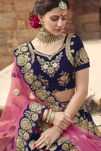 Pure Micro Velvet Wedding Lehenga In Blue With Embroidery & Stone Work