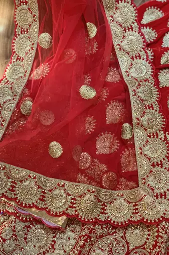 Pure Micro Velvet Wedding Lehenga In Red With Embroidery & Stone Work