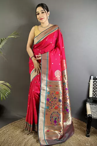 Women rani pink peacock&floral motifs lichi silk saree