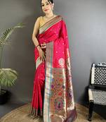 Women rani pink peacock&floral motifs lichi silk saree