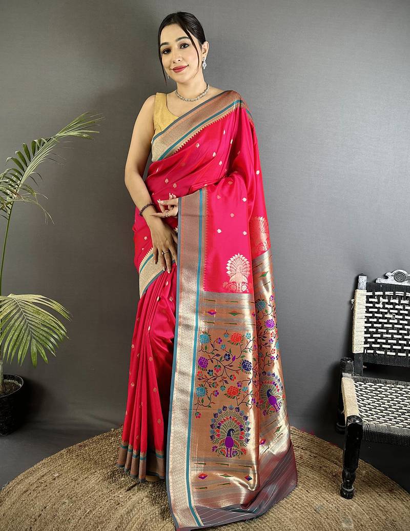 Women rani pink peacock&floral motifs lichi silk saree