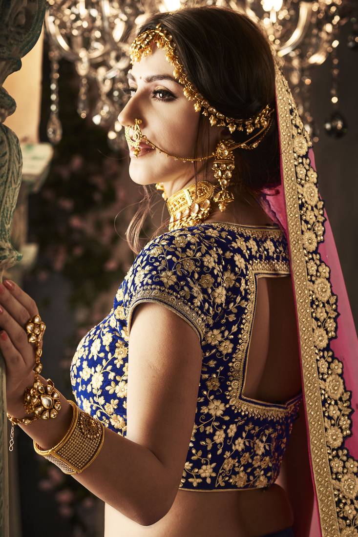 Pure Micro Velvet Wedding Lehenga In Blue With Embroidery Work & Stone work