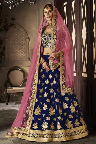 Pure Micro Velvet Wedding Lehenga In Blue With Embroidery Work & Stone work