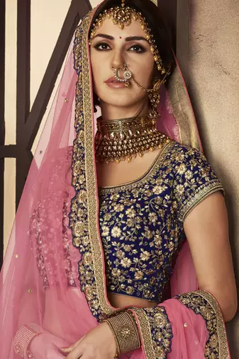 Pure Micro Velvet Wedding Lehenga In Blue With Embroidery Work & Stone work