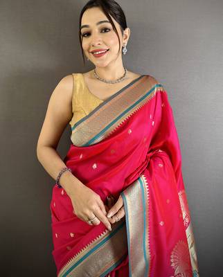 Women rani pink peacock&floral motifs lichi silk blend saree 4