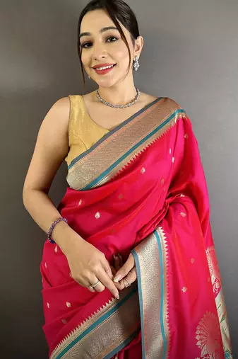 Women rani pink peacock&floral motifs lichi silk saree