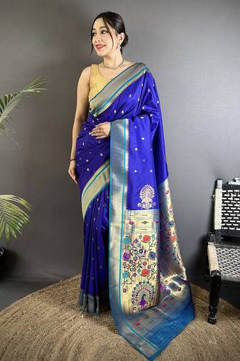 Women royal blue peacock&floral motifs lichi silk saree