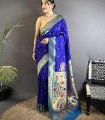 Women royal blue peacock&floral motifs lichi silk saree