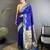Women royal blue peacock&floral motifs lichi silk saree