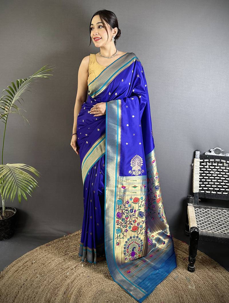 Women royal blue peacock&floral motifs lichi silk saree