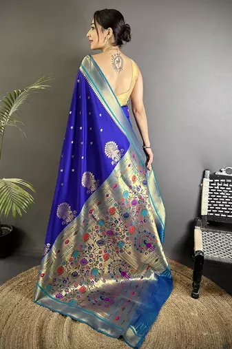 Women royal blue peacock&floral motifs lichi silk saree