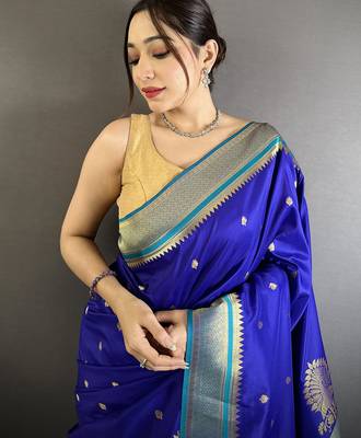 Women royal blue peacock&floral motifs lichi silk blend saree 4