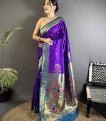 Women purple peacock&floral motifs lichi silk saree