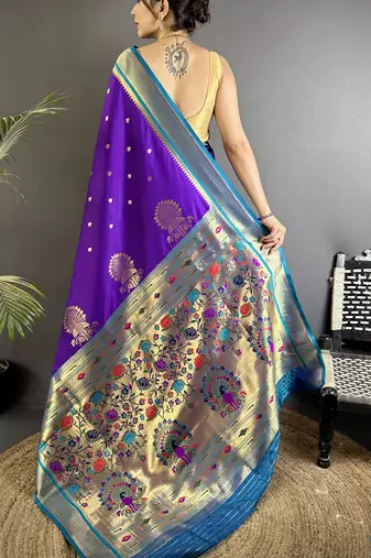 Women purple peacock&floral motifs lichi silk saree