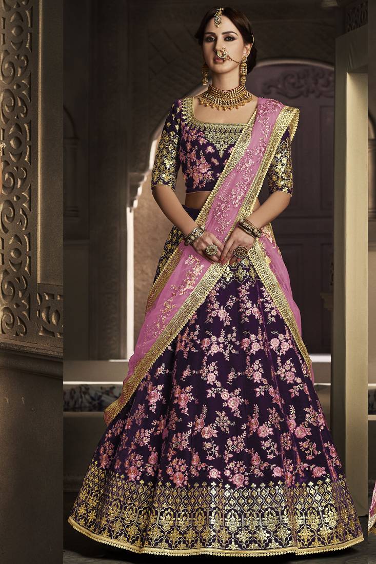 Pure Micro Velvet Wedding Lehenga In Purple With Embroidery Work & Stone work
