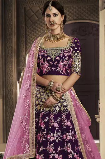 Pure Micro Velvet Wedding Lehenga In Purple With Embroidery Work & Stone work