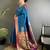 Women teal blue peacock&floral motifs lichi silk saree