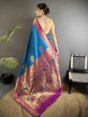 Women teal blue peacock&floral motifs lichi silk blend saree 3